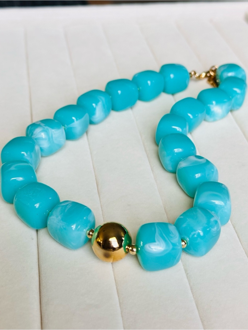 Turquoise Ocean Light Blue Bead Necklace with Gold Accent